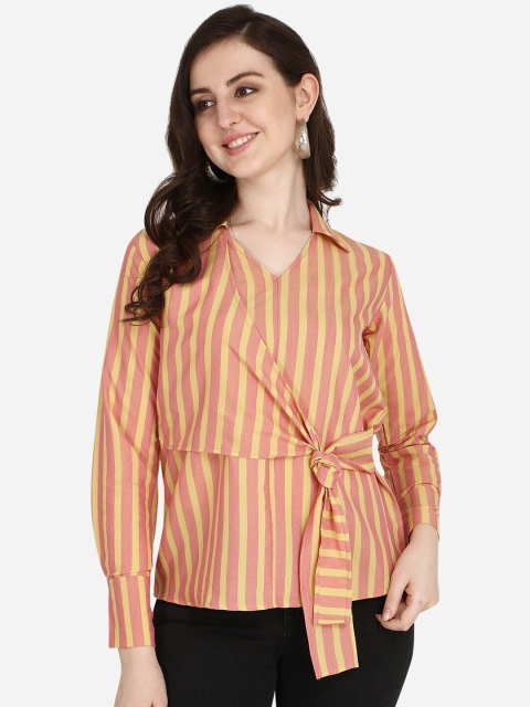 

OM SAI LATEST CREATION Peach & Yellow Striped Wrap Top