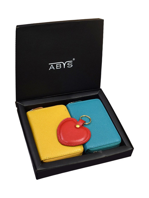 

ABYS Set-2 Yellow & Turquoise Blue Textured Leather Zip Around Wallet