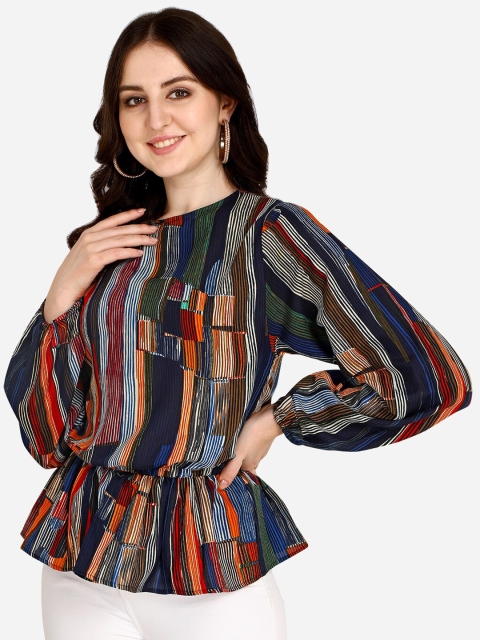 

OM SAI LATEST CREATION Multicoloured Striped Bishop Sleeves Cinched Waist Top, Multi