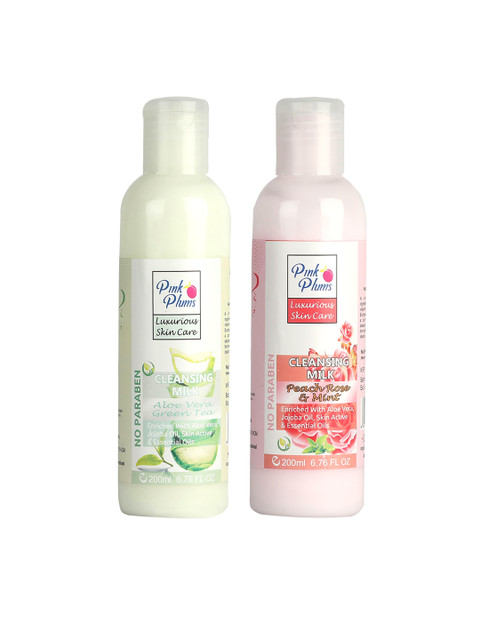 

Pink Plums Set of 2 Aloevera PEACH ROSE & MINT Cleansing Milk 200ml, Multi