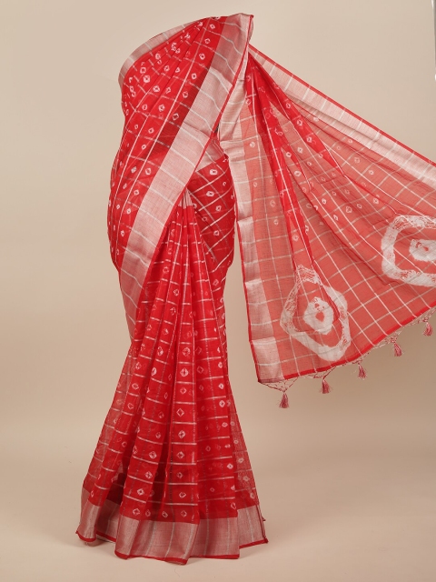 

Pothys Red & Silver-Toned Checked Linen Blend Saree