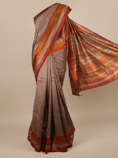 

Pothys Grey & Orange Floral Printed Saree