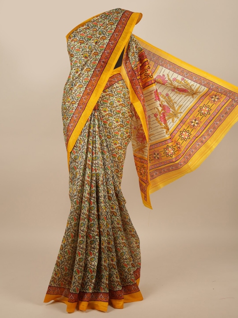 

Pothys Cream-Coloured & Green Floral Printed Saree