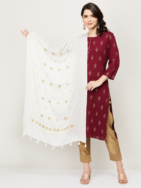 

Melange by Lifestyle White & Gold-Toned Printed Tasselled Border Dupatta