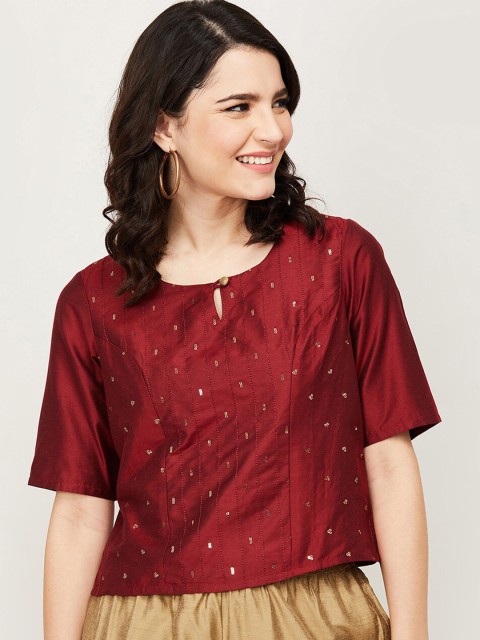 

Melange by Lifestyle Maroon Embellished Keyhole Neck Regular Top