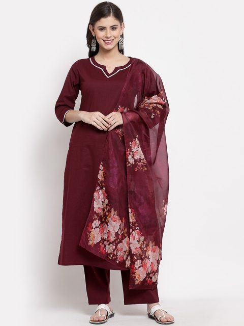 

Myshka Women Burgundy Embroidered Regular Pure Cotton Kurta with Trousers & Dupatta