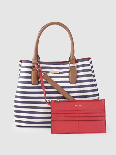 

ALDO White & Navy Striped Structured Handheld Bag with Red Pouch