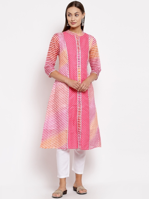 

Myshka Women Pink & White Leheriya Printed Gotta Patti Kurta