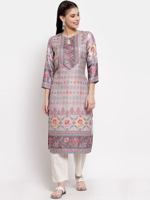 

Myshka Women Grey & Red Ethnic Motifs Printed Keyhole Neck Gotta Patti Kurta