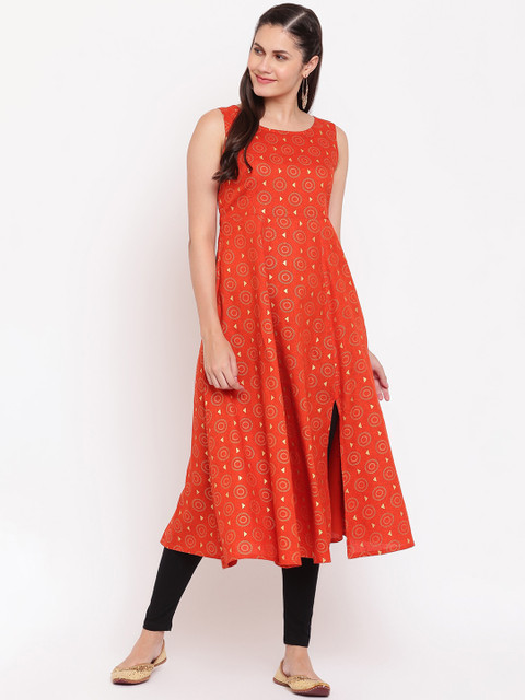 

IMARA Women Red & Beige Geometric Printed Liva Kurta