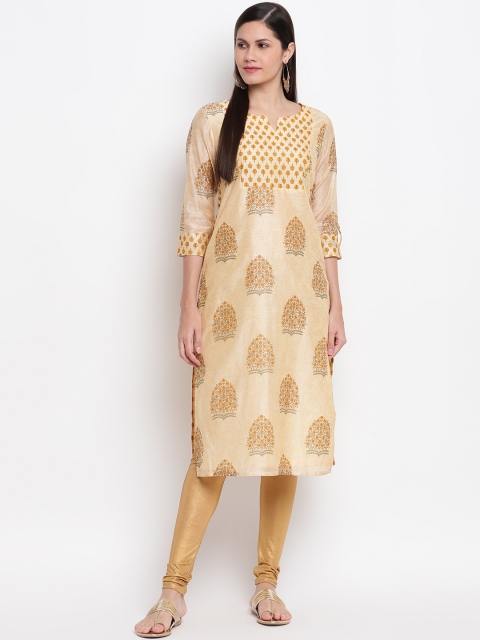 

IMARA Women Beige & Mustard Yellow Ethnic Motifs Printed Kurta