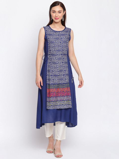 

IMARA Women Navy Blue & White Printed Liva Kurta