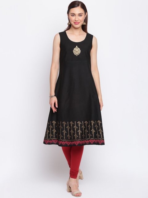 

IMARA Women Black & Gold-Toned Ethnic Motifs Embroidered Thread Work Anarkali Kurta