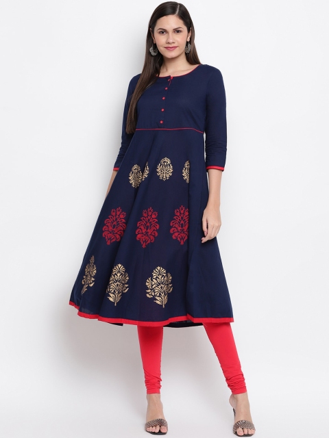 

IMARA Women Navy Blue & Red Ethnic Motifs Printed Anarkali Kurta