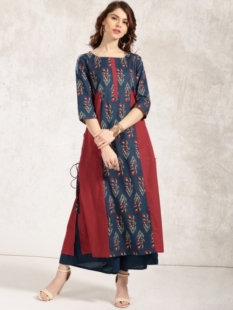 

Anouk Women Navy & Maroon Printed A-Line Kurta with Side Lace-Ups, Navy blue