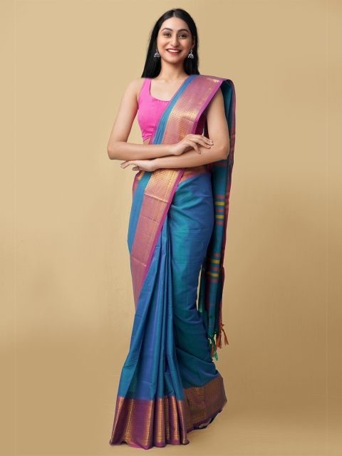 

Unnati Silks Blue & Pink Solid Pure Cotton Handloom Narayanpet Saree