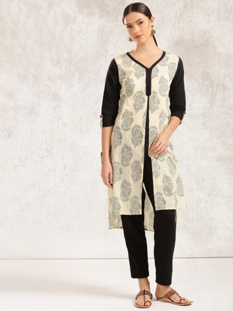 

Anouk Women Cream-Coloured & Black Printed Straight Kurta