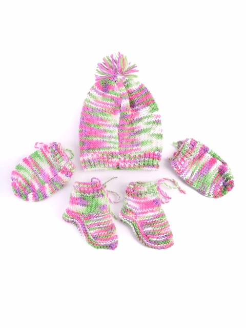 

The Original Knit Handmade Unisex Kids Purple & White Beanie With Booties & Mittens Set