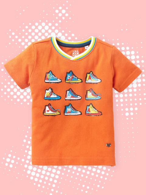 

Ed-a-Mamma Boys Orange Printed V-Neck Pure Cotton T-shirt