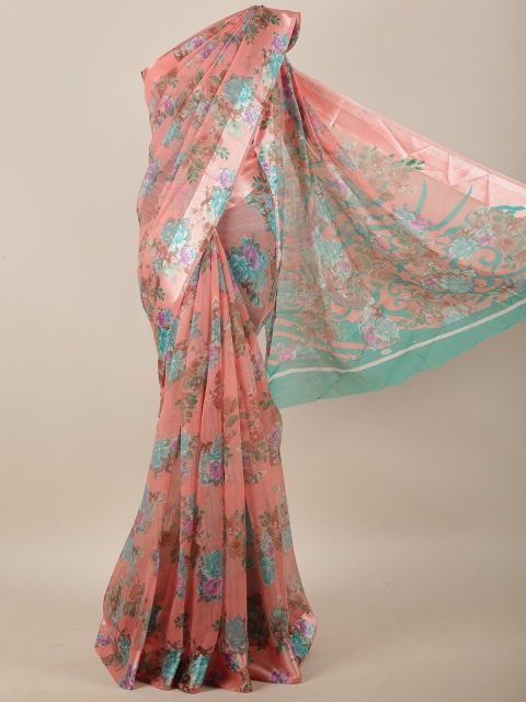 

Pothys Pink & Green Cotton Blend Floral Printed Saree