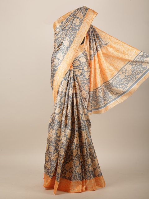 

Pothys Grey & Orange Cotton Blend Floral Printed Saree