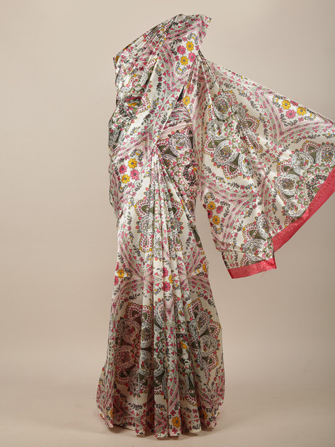 

Pothys Off White & Pink Cotton Blend Floral Printed Saree