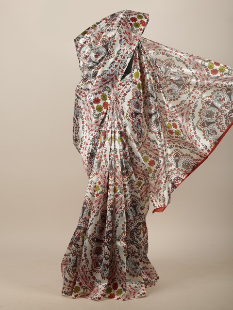 

Pothys Off White & Orange Cotton Blend Floral Printed Saree