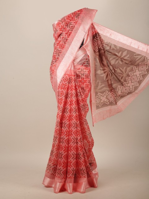 

Pothys Peach-Coloured & Brown Cotton Blend Geometric Printed Saree
