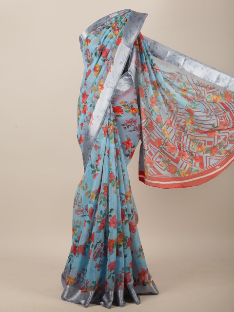 

Pothys Blue & Red Cotton Blend Floral Printed Saree