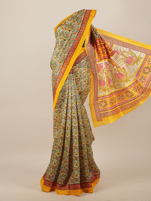 

Pothys Cream-Coloured & Yellow Cotton Blend Floral Printed Saree