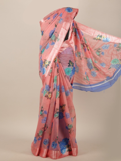 

Pothys Pink & Blue Cotton Blend Floral Printed Saree