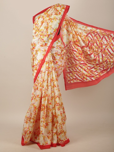 

Pothys Cream-Coloured & Red Cotton Blend Floral Printed Saree