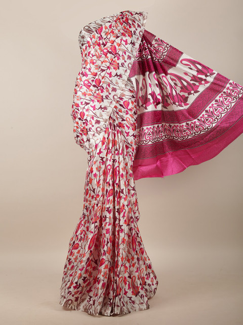 

Pothys Cream-Coloured & Pink Cotton Blend Floral Printed Saree