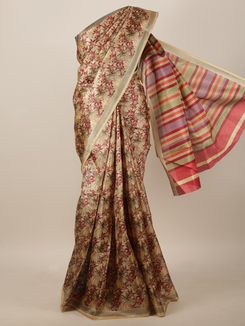 

Pothys Cream-Coloured & Red Cotton Blend Floral Printed Saree