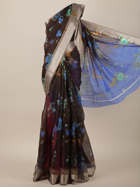 

Pothys Brown & Blue Cotton Blend Floral Printed Saree