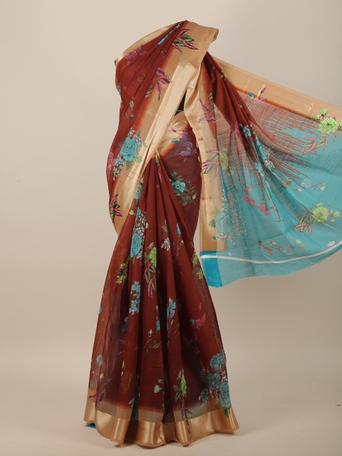 

Pothys Brown & Blue Cotton Blend Floral Printed Saree