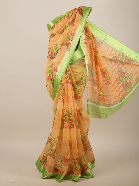 

Pothys Orange & Green Cotton Blend Floral Printed Saree