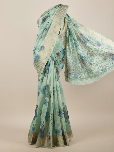

Pothys Green & Blue Cotton Blend Floral Printed Saree