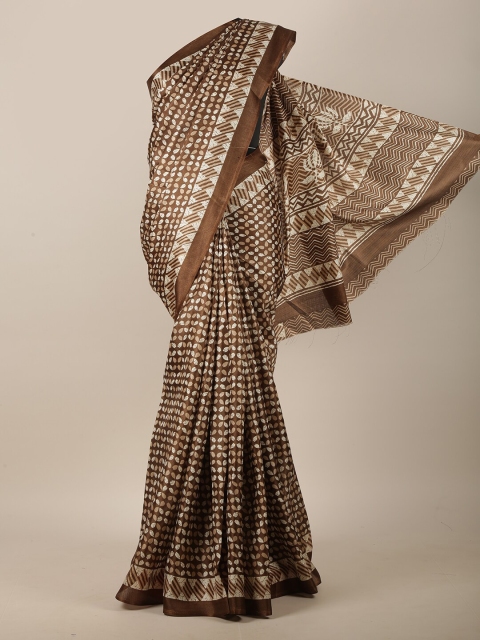 

Pothys Brown & Cream-Coloured Cotton Blend Floral Printed Saree