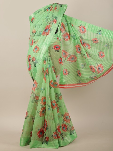 

Pothys Green & Orange Cotton Blend Floral Printed Saree