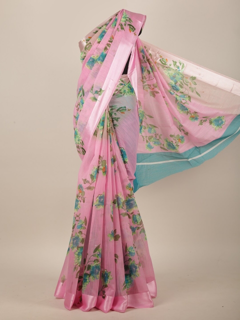 

Pothys Pink & Blue Cotton Blend Floral Printed Saree