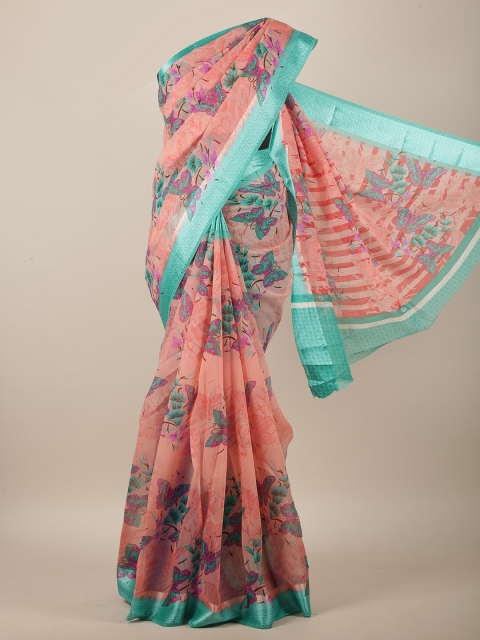

Pothys Pink & Blue Cotton Blend Floral Printed Saree