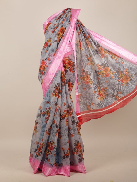 

Pothys Grey & Pink Cotton Blend Floral Printed Saree