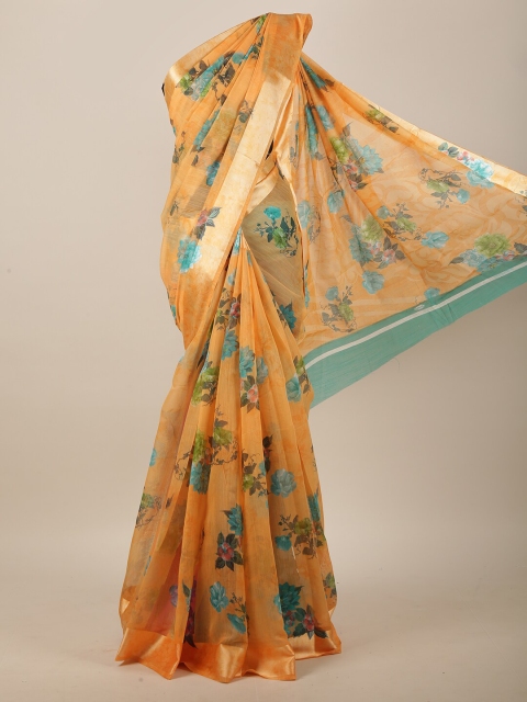 

Pothys Orange & Green Cotton Blend Floral Printed Saree