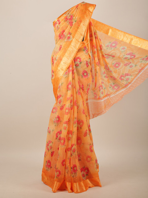 

Pothys Orange & Pink Cotton Blend Floral Printed Saree