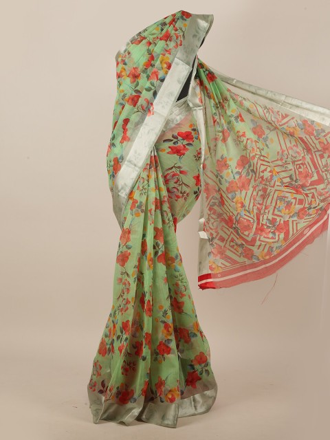 

Pothys Green & Red Cotton Blend Floral Printed Saree