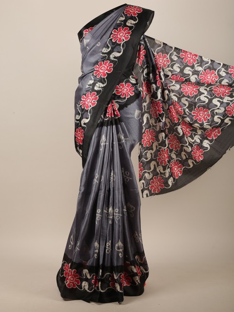 

Pothys Grey & Red Cotton Blend Floral Printed Saree
