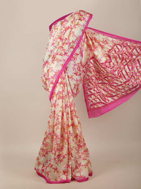 

Pothys Cream-Coloured & Pink Cotton Blend Floral Printed Saree