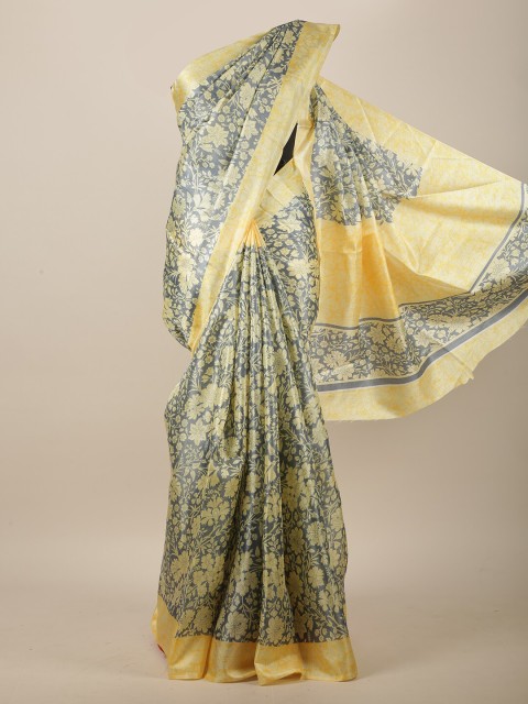 

Pothys Grey & Yellow Cotton Blend Floral Printed Saree