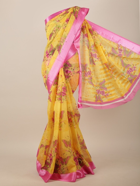 

Pothys Yellow & Pink Cotton Blend Floral Printed Saree